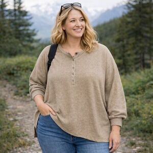 Old Navy Womens Top XXL Tan Henley Pullover Long Sleeve Soft Knit Oversized NWT